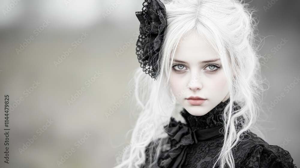 Portrait of a pale young woman with long white hair, wearing a black gothic-style dress and lace hair accessory. Portrait of a pale young woman with long white hair, wearing a black gothic-style dress and lace hair accessory.