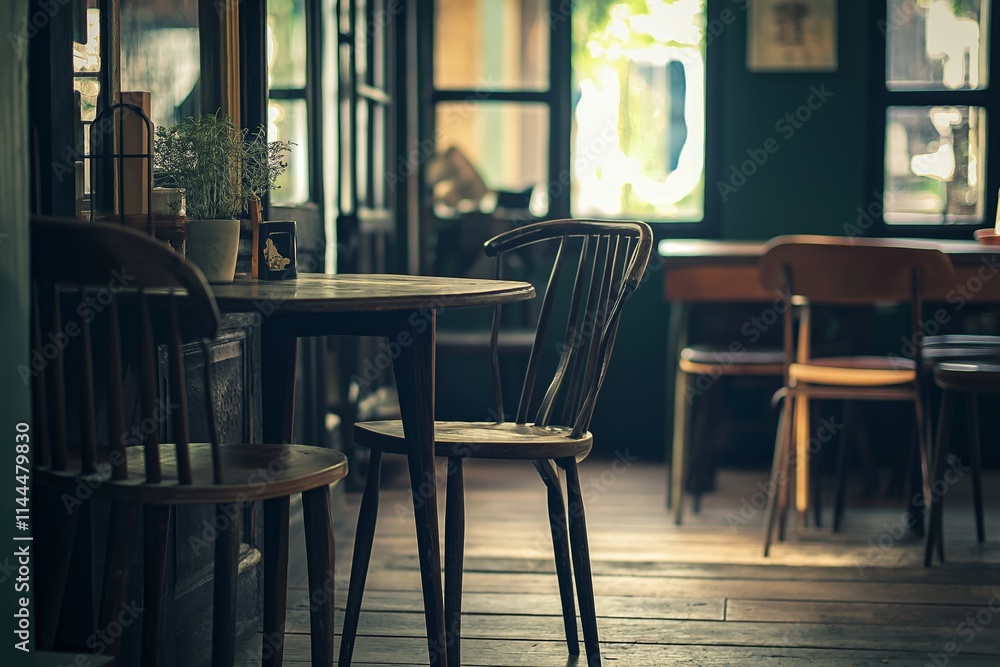A warm café interior featuring wooden tables and chairs, creating an inviting atmosphere. A warm café interior featuring wooden tables and chairs, creating an inviting atmosphere.