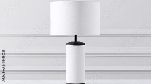 Modern white table lamp with black base and cylindrical shade.