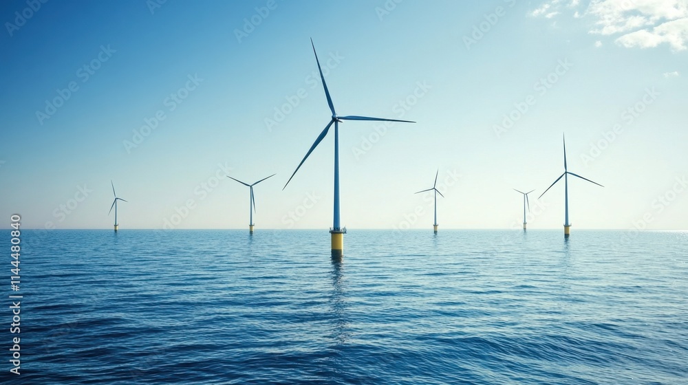 Wind Turbines on Water with Clear Sky and Calm Waves Wind Turbines on Water with Clear Sky and Calm Waves