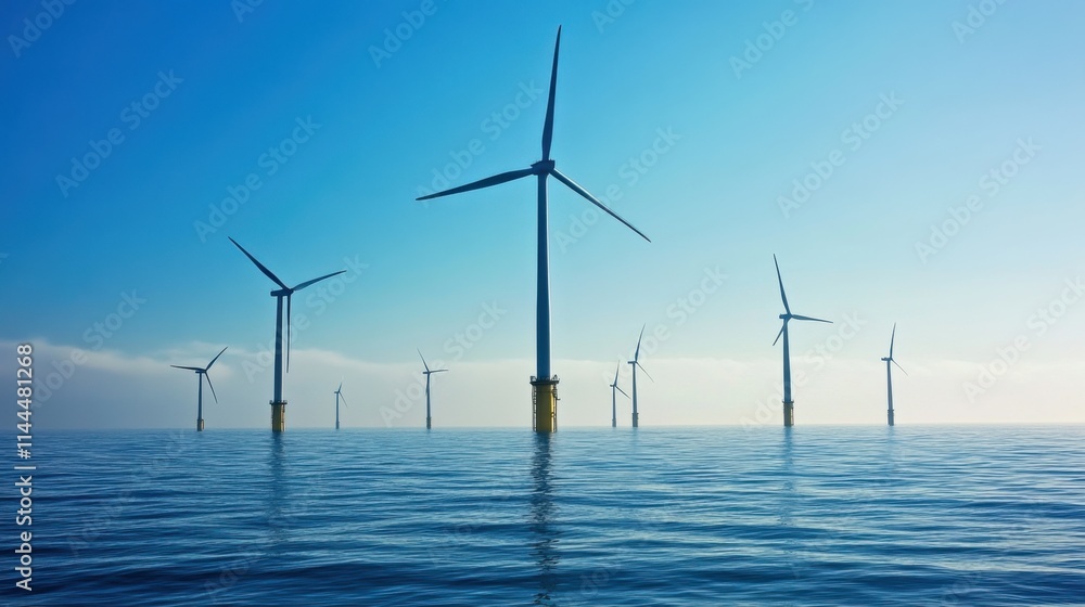 Offshore Wind Turbines in Calm Water Under Bright Blue Sky Offshore Wind Turbines in Calm Water Under Bright Blue Sky