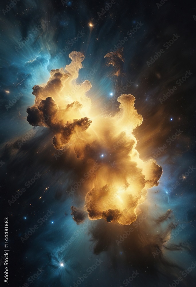 Obraz premium Shimmering blue and yellow nebula effect on dark background, space, ambient, yellow