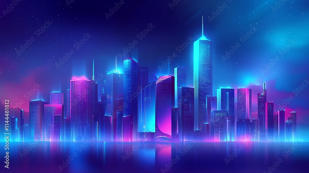 An abstract futuristic cityscape illuminated by neon lights, with tall structures glowing in blue and purple against a dark sky. An abstract futuristic cityscape illuminated by neon lights, with tall structures glowing in blue and purple against a dark sky.