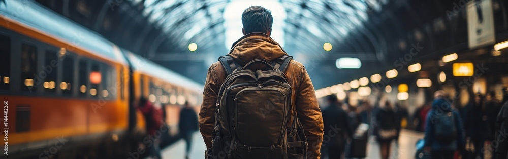 Traveler Waiting at a Busy Train Station Traveler Waiting at a Busy Train Station