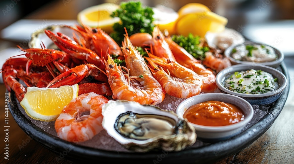 Fresh Seafood Platter with Shrimp, Crab, Oysters, and Lemon Slices Fresh Seafood Platter with Shrimp, Crab, Oysters, and Lemon Slices