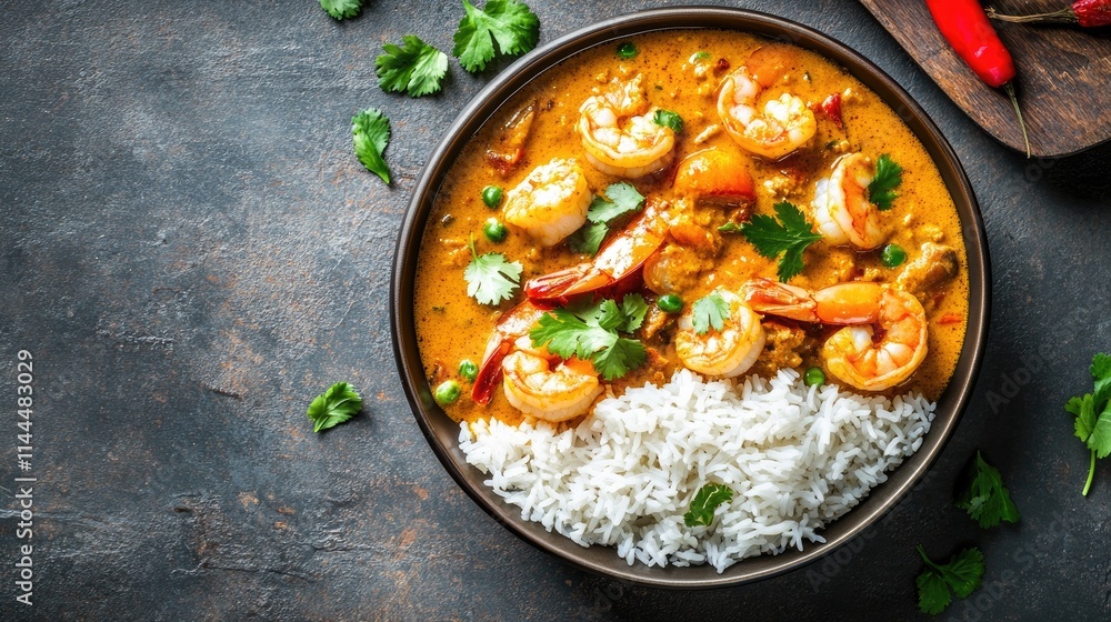 Delicious Shrimp Curry Served with White Rice and Fresh Herbs Delicious Shrimp Curry Served with White Rice and Fresh Herbs