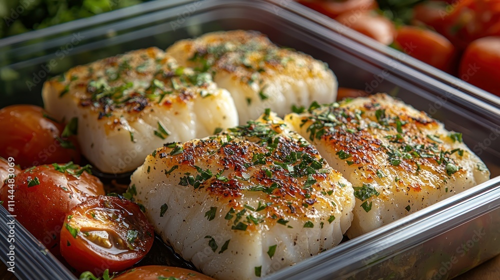 Grilled fish fillets with roasted cherry tomatoes. Grilled fish fillets with roasted cherry tomatoes.
