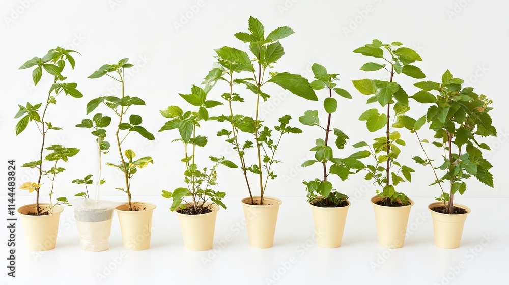 Artistic display of eco-friendly coffee cups of various sizes on a clean white table, decorated with natural green plants Artistic display of eco-friendly coffee cups of various sizes on a clean white table, decorated with natural green plants
