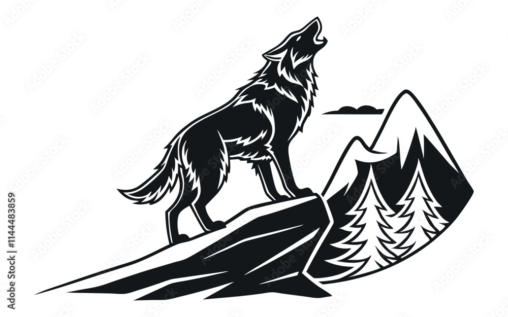 Detailed black and white depiction of a howling wolf on a rock, set against a rugged landscape of mountains and pine trees, perfect for nature and wildlife themes. Detailed black and white depiction of a howling wolf on a rock, set against a rugged landscape of mountains and pine trees, perfect for nature and wildlife themes.