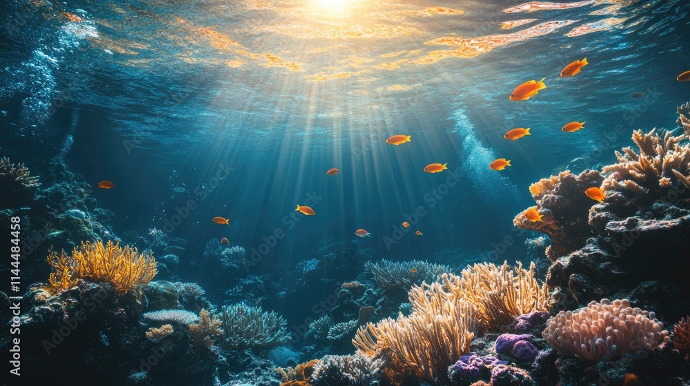 Obraz premium Vibrant Underwater Scene with Colorful Fish and Coral Reefs