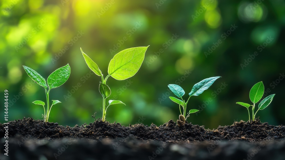 Fototapeta premium Growth Stages of Green Plants in Soil with Natural Background Light