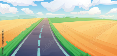 A scenic cartoon illustration. Game children background with countryside road surrounded by vibrant green fields and golden wheat under bright blue sky with fluffy clouds.