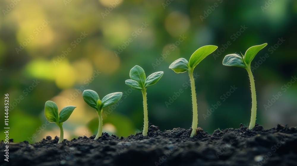 Green Seedlings Growing in Rich Dark Soil with Soft Background Light Green Seedlings Growing in Rich Dark Soil with Soft Background Light