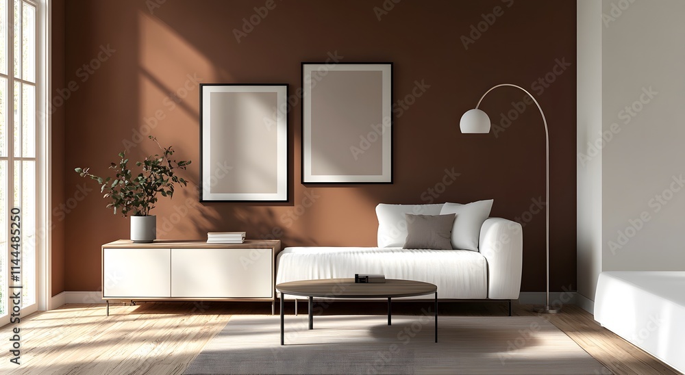 A living room with brown walls, modern wooden furniture and accessories including a sofa. And a lit lamp in one corner of the room, gives a sense of modern interior design and home decoration scene. A living room with brown walls, modern wooden furniture and accessories including a sofa. And a lit lamp in one corner of the room, gives a sense of modern interior design and home decoration scene.