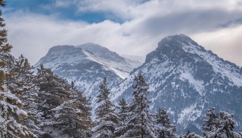 Fototapeta premium Majestic Snow-Capped Mountains with Pine Trees and a Dramatic Sky in Winter