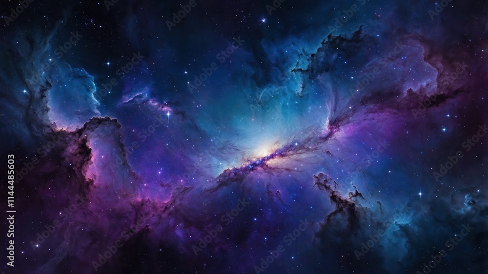Fototapeta premium Vibrant cosmic nebula swirling with shades of blue and purple in a vast starry sky, creating a captivating celestial spectacle
