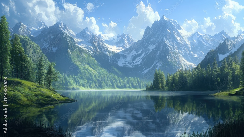 Serene Mountain Landscape with Lake and Lush Green Forest Serene Mountain Landscape with Lake and Lush Green Forest