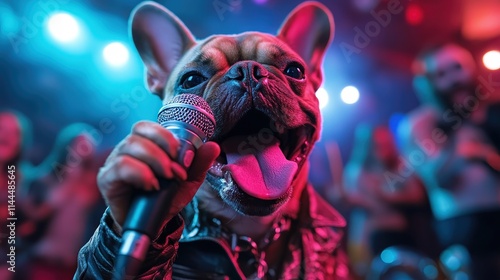 An adorable French Bulldog confidently holds a microphone while singing, surrounded by a lively concert environment filled with colorful lights and cheerful onlookers.