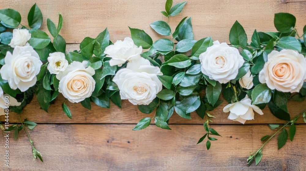 Elegantly Arranged White Roses and Green Leaves on Wooden Background Elegantly Arranged White Roses and Green Leaves on Wooden Background