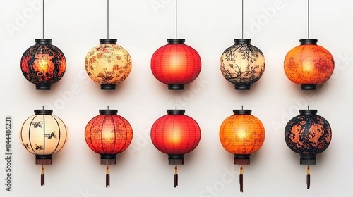 Illuminated Chinese Lanterns  Red  Orange  Asian Decor  Festive Lights  Hanging Paper Lant photo