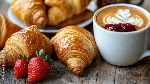 Wallpaper Mural Fresh Croissants and Coffee with Strawberries on Wooden Table Torontodigital.ca