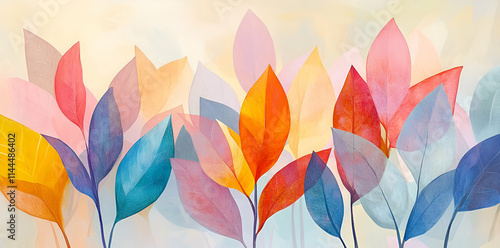 A vibrant illustration of colorful leaves in soft hues, creating a serene, artistic ambiance.