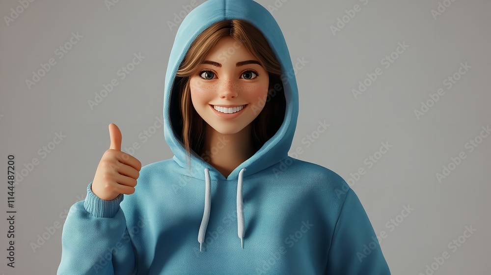 Happy Smiling Cartoon Character Giving Thumbs Up in Blue Hoodie Happy Smiling Cartoon Character Giving Thumbs Up in Blue Hoodie