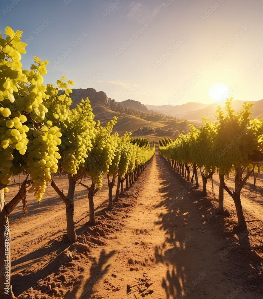 Fototapeta premium The warm afternoon sun casts a golden glow on a beautiful wine grape vineyard, lush greenery,