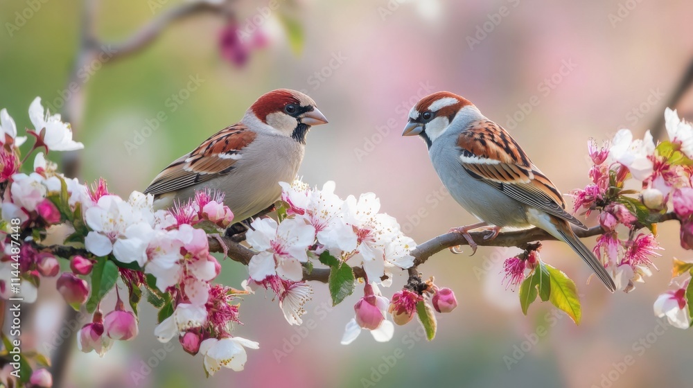 Sparrows Perched on Cherry Blossom Branch in Soft Spring Light Sparrows Perched on Cherry Blossom Branch in Soft Spring Light