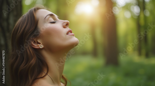 Calm, Relaxed and Peaceful, Young Woman Breathing Clean Fresh Air in Green Forest, Ecology and Environment