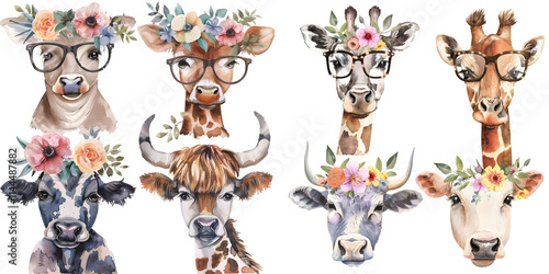 Watercolor Floral Animals Wearing glasses, Cow, Giraffe, Highland cow. Generative AI. photo