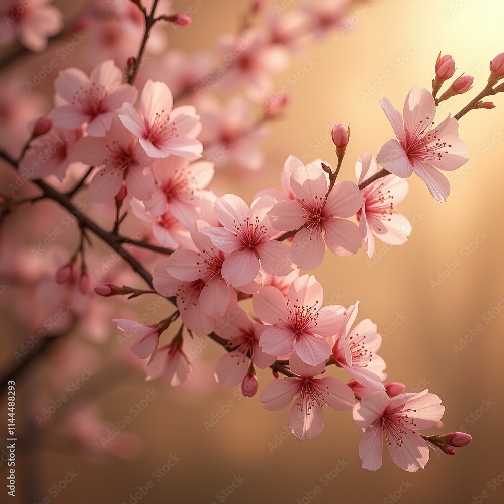 Cherry blossoms in full bloom on a golden background. Cherry blossoms in full bloom on a golden background.
