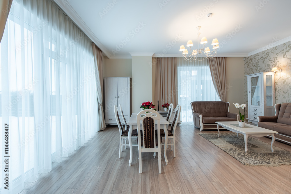Fototapeta premium Elegant Home Living and Dining Room Interior with Modern Furniture and Large Windows
