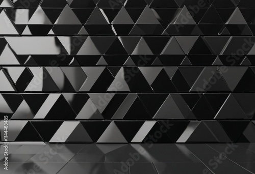 Polished, Semigloss Wall background with tiles. Triangular, tile Wallpaper with 3D, Black blocks