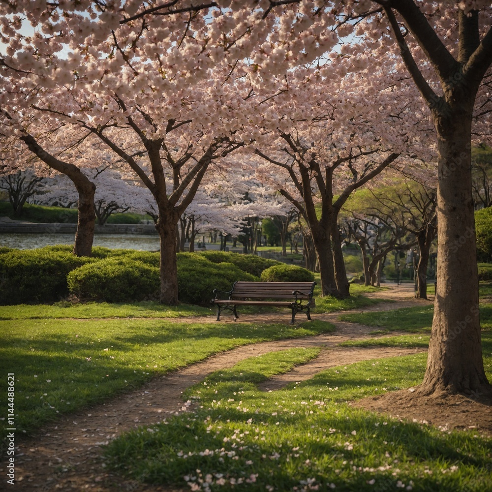 A peaceful park with cherry blossoms in full bloom. A peaceful park with cherry blossoms in full bloom.
