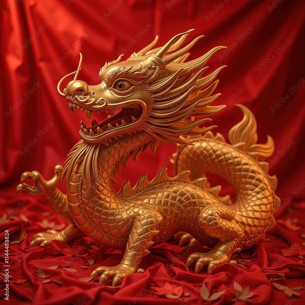 Golden dragon figurine on red fabric background. Golden dragon figurine on red fabric background.