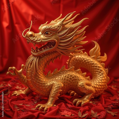 Wallpaper Mural Golden dragon figurine on red fabric background. Torontodigital.ca