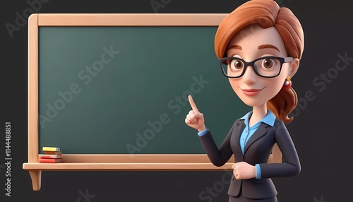 A female cartoon teacher in a suit gestures towards a green chalkboard