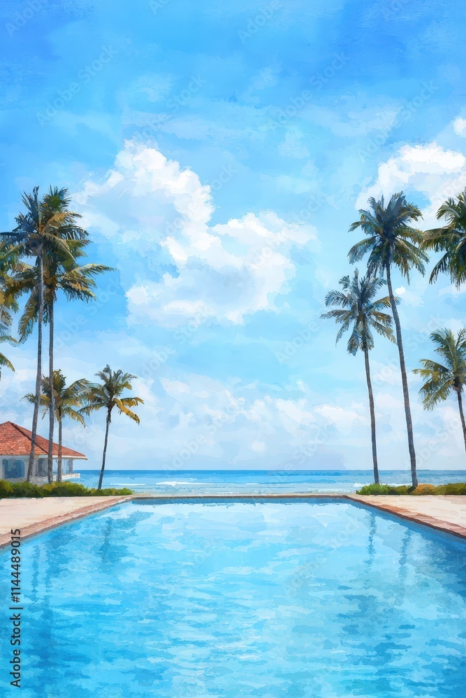 A tropical resort poolside surrounded by palm trees and the ocean A tropical resort poolside surrounded by palm trees and the ocean