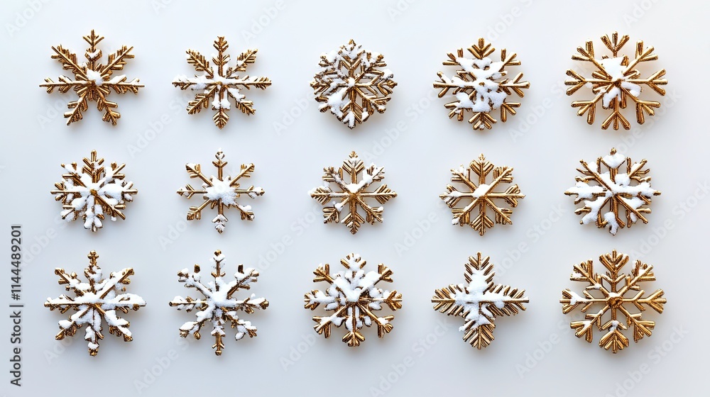 A collection of gold snowflakes set on a clear backdrop A collection of gold snowflakes set on a clear backdrop