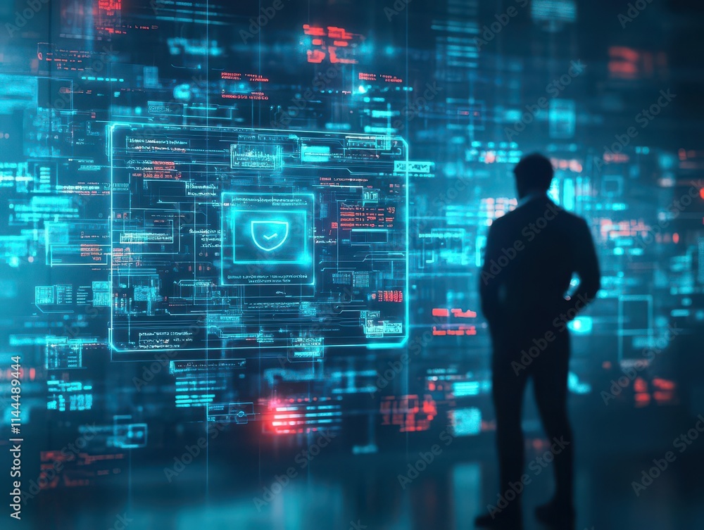 Futuristic holographic interface showing scam alerts, digital thief silhouette lurking in the background, hightech ambiance Futuristic holographic interface showing scam alerts, digital thief silhouette lurking in the background, hightech ambiance