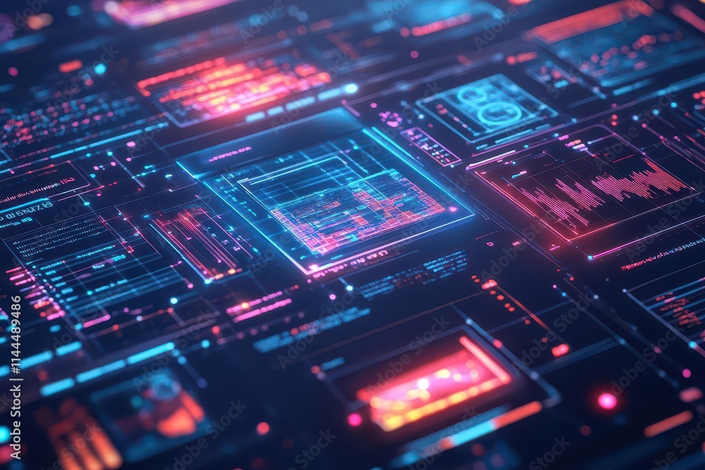 Futuristic online marketplace with holographic product displays, neon glowing interface, dynamic 3D elements, AIintegrated browsing, cyberpunk aesthetic Futuristic online marketplace with holographic product displays, neon glowing interface, dynamic 3D elements, AIintegrated browsing, cyberpunk aesthetic