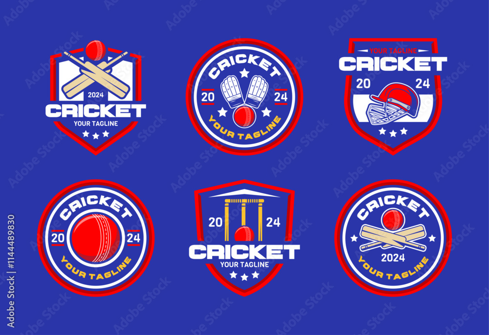 Naklejka premium Set of cricket Logo sign badge. Cricket logo with shield background vector design collection