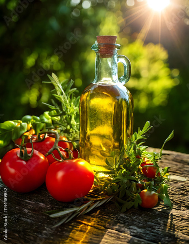 Outdoor scene of Olive Oil and tomatoes on a wooden table