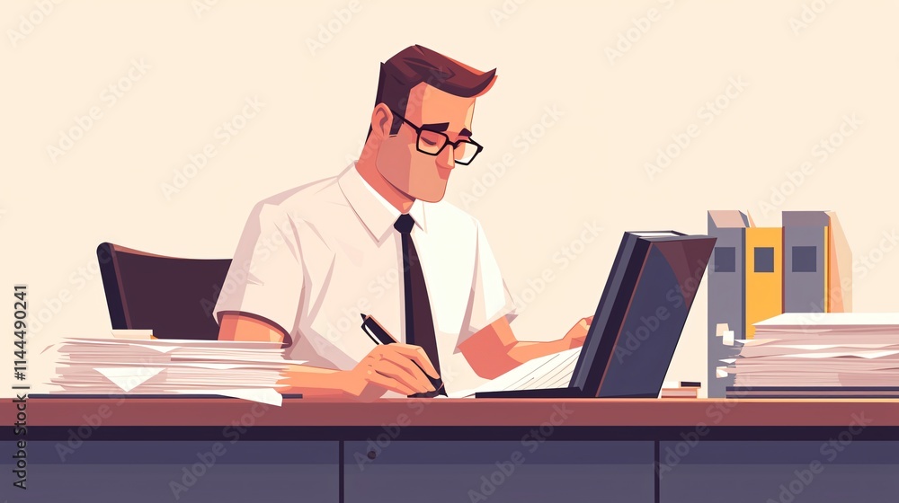 Caucasian Office Worker Handling Documents in Office Environment Caucasian Office Worker Handling Documents in Office Environment