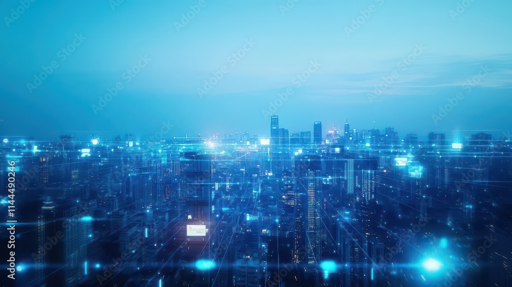 Downtown skyline with a network of electric vehicles and drones, Futuristic urban transport, Smart logistics Downtown skyline with a network of electric vehicles and drones, Futuristic urban transport, Smart logistics