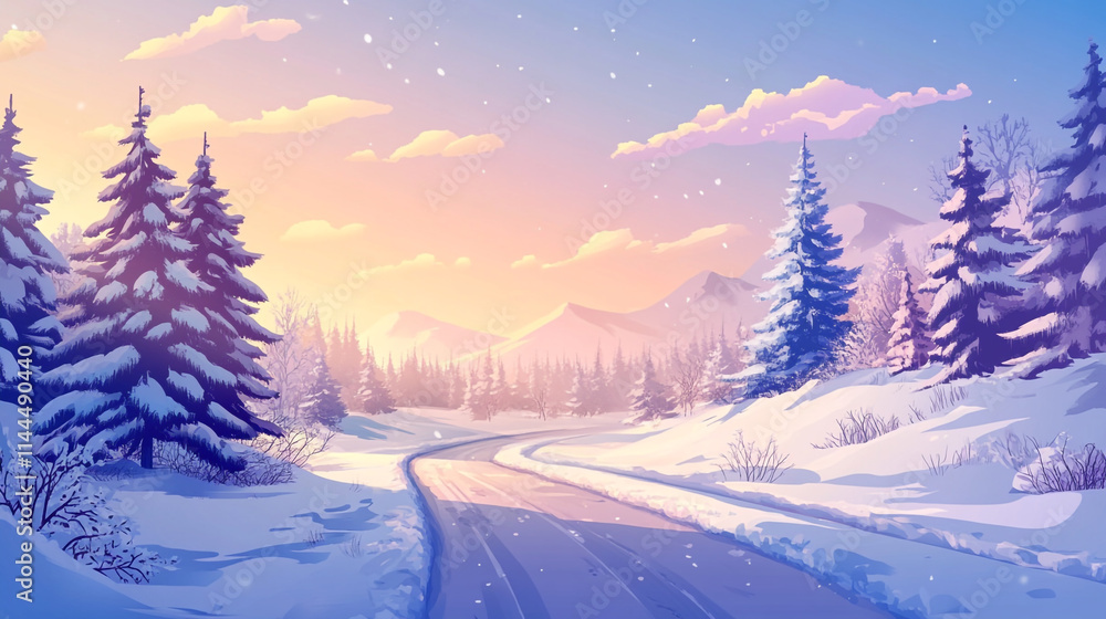 A serene winter landscape featuring a frosted tree and frozen surface, trees and cloud cover on a sunny winter day, snowy farmland under blue sky with white fluffy clouds and road side trees. A serene winter landscape featuring a frosted tree and frozen surface, trees and cloud cover on a sunny winter day, snowy farmland under blue sky with white fluffy clouds and road side trees.