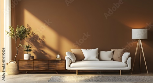A living room with brown walls, modern wooden furniture and accessories including a sofa. And a lit lamp in one corner of the room, gives a sense of modern interior design and home decoration scene.