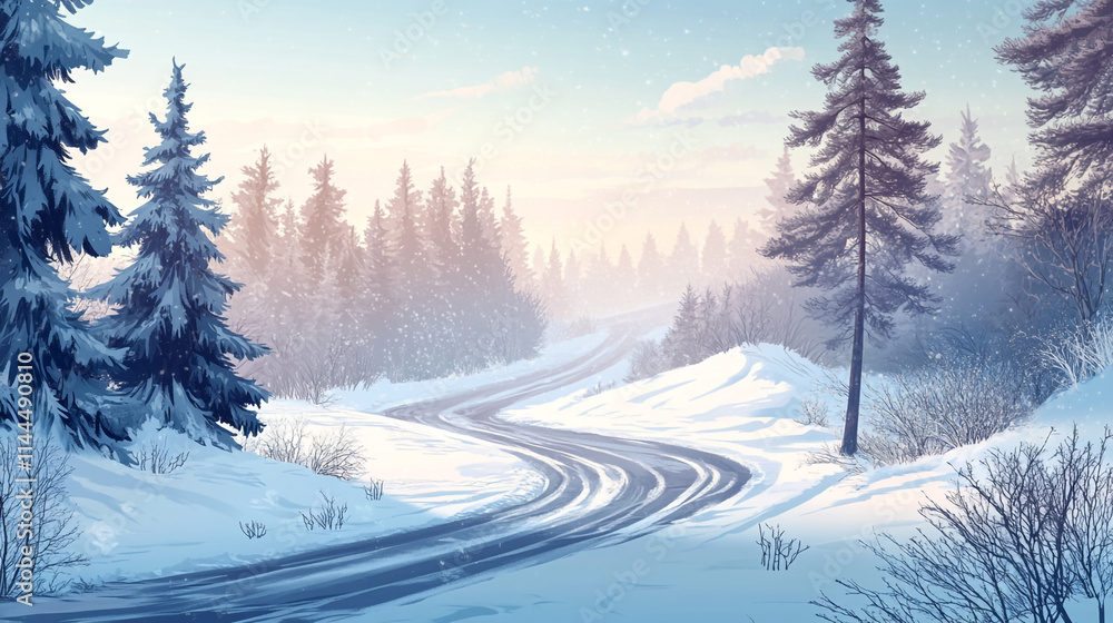 A serene winter landscape featuring a frosted tree and frozen surface, trees and cloud cover on a sunny winter day, snowy farmland under blue sky with white fluffy clouds and road side trees. A serene winter landscape featuring a frosted tree and frozen surface, trees and cloud cover on a sunny winter day, snowy farmland under blue sky with white fluffy clouds and road side trees.
