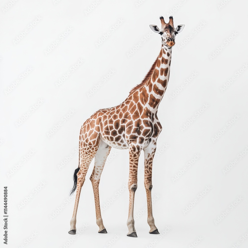 Fototapeta premium A giraffe stands on a white background